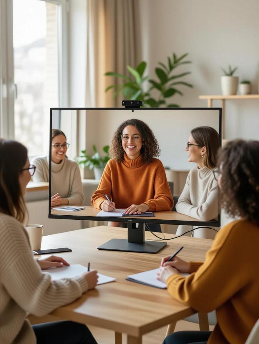 A virtual meeting room filled with mothers engaged in an online masterclass. The screen features a smiling instructor. The mothers take notes while smiling. The setting is realistic with warm and natural colors.