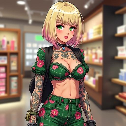 Anime character in a cosmetic shop. Woman with green eyes and blonde bob. She wears sexy streetwear with floral patterns. Has tattoos and lots of jewelry. Shopping in a modern store.