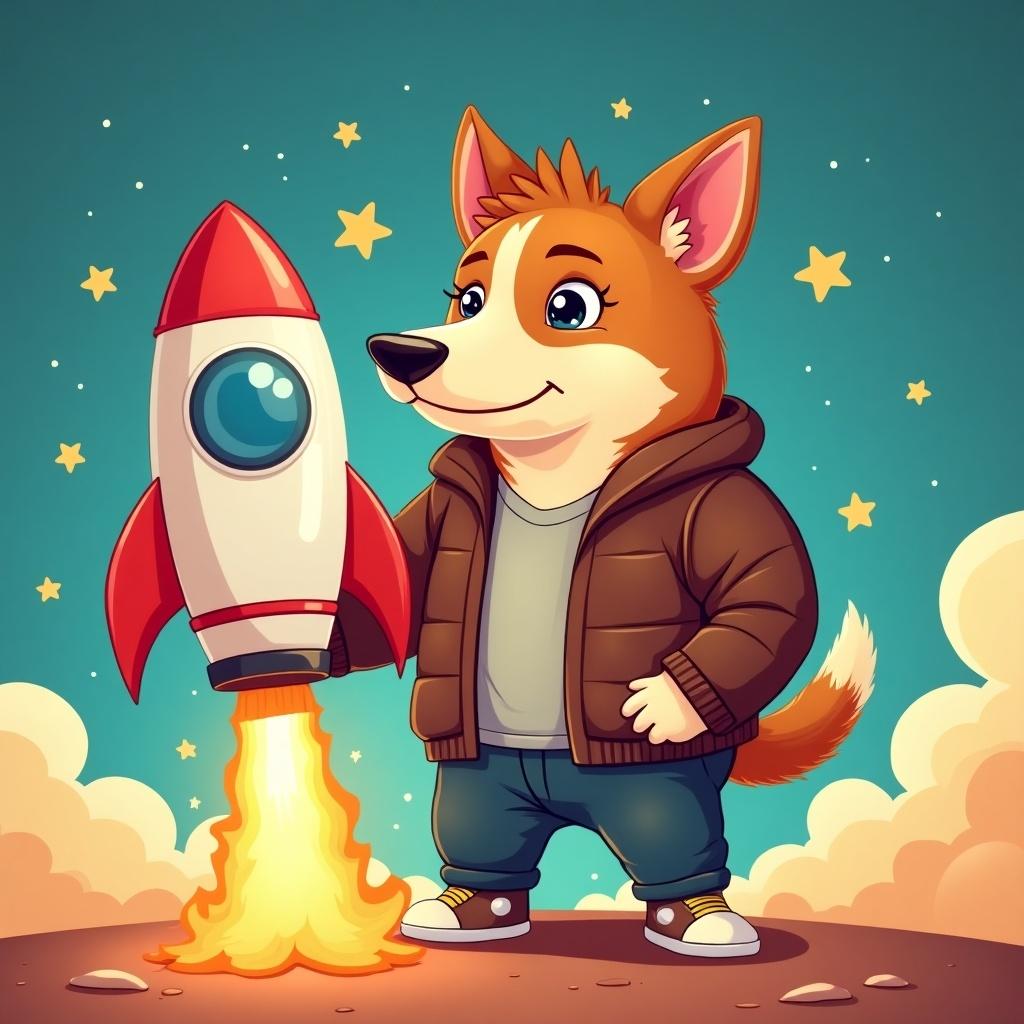 Cartoon character of a Corgi dog in a hoodie holding a cartoon-style rocket. Background includes stars and clouds. Bright colors create a cheerful atmosphere. Rocket appears to be launching with flame effect.