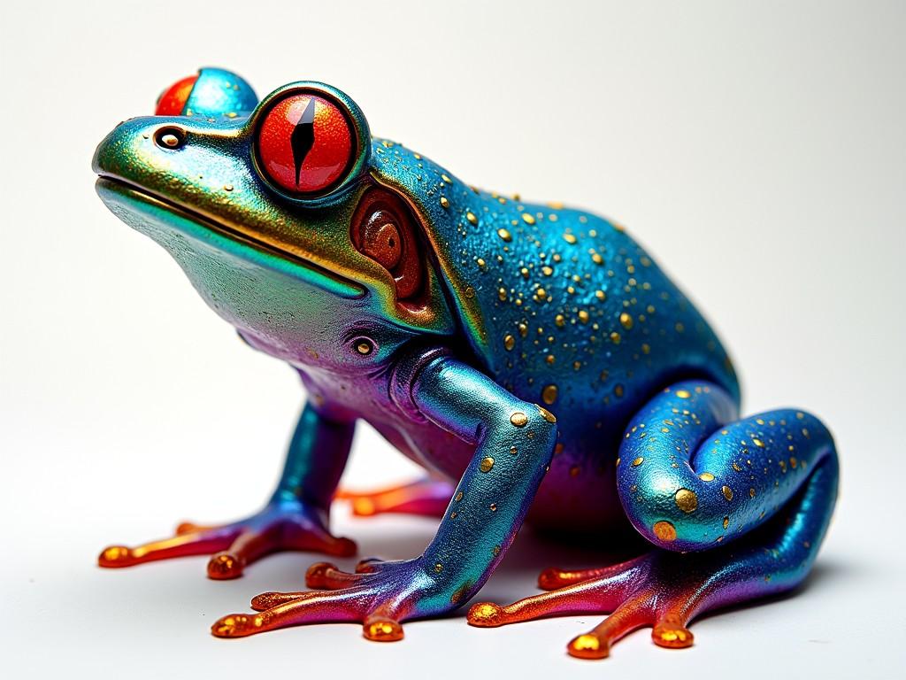 This digital artwork features a striking and vibrant frog with metallic blue and red hues. Its skin is adorned with golden sparkles, and its large, expressive eyes are a vivid red with a central, black slit-pupil. The image captures the frog in a dynamic, realistic pose against a neutral background, highlighting its colorful and surreal appearance.