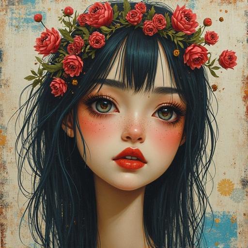 Portrait of a young woman with dark hair and floral crown. Emphasis on facial features and emotions. Soft color palette and delicate details throughout the artwork.