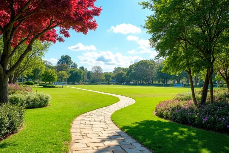 A sunny park with vibrant green lawns and leafy trees. Trees have dense foliage in green and red hues. Colorful flowerbeds with pink and purple flowers. Winding light-colored stone path invites a walk. Background includes a grassy soccer field and clear blue sky with clouds. Sunlight illuminates the scene. Capture tranquility and natural beauty. Title 'Toda Vez Que Você Passar' in bold font at the top. Footer text 'Delmar & Mateus' in gold font.