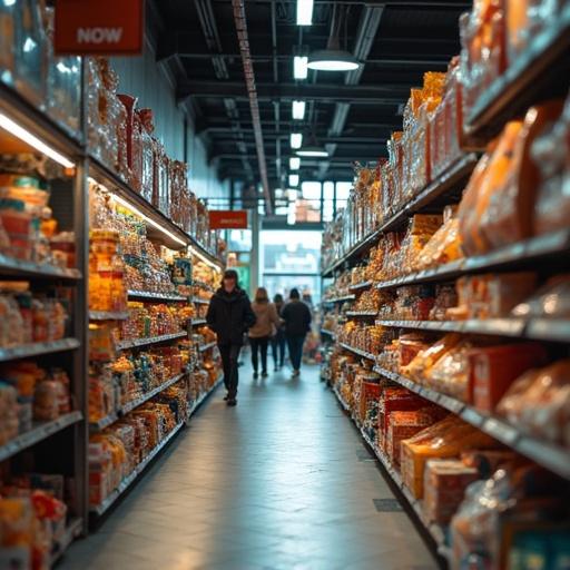 Shopping aisle with shelves stocked with products. Customers walking in the store. Store brightly lit. Focus on aisles filled with items available for purchase.