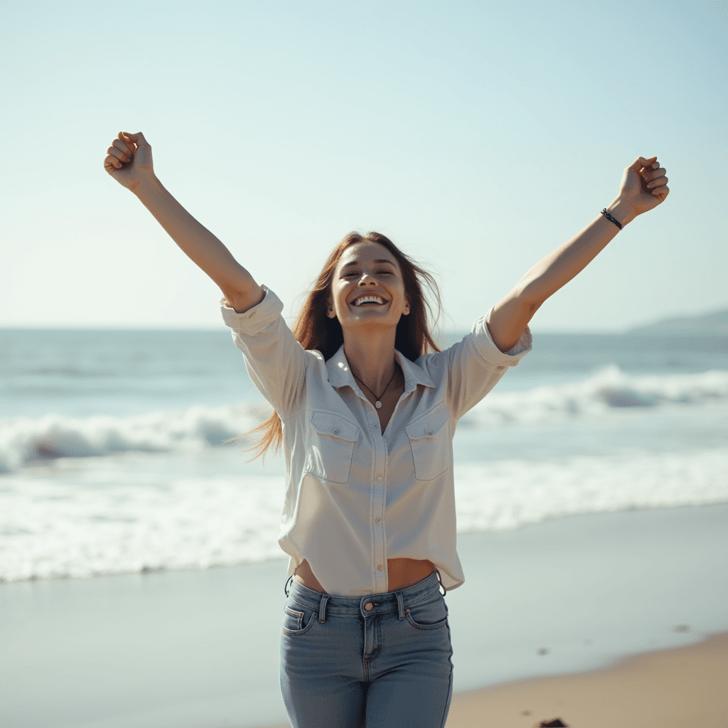 A person celebrating with arms raised on a sunny beach.