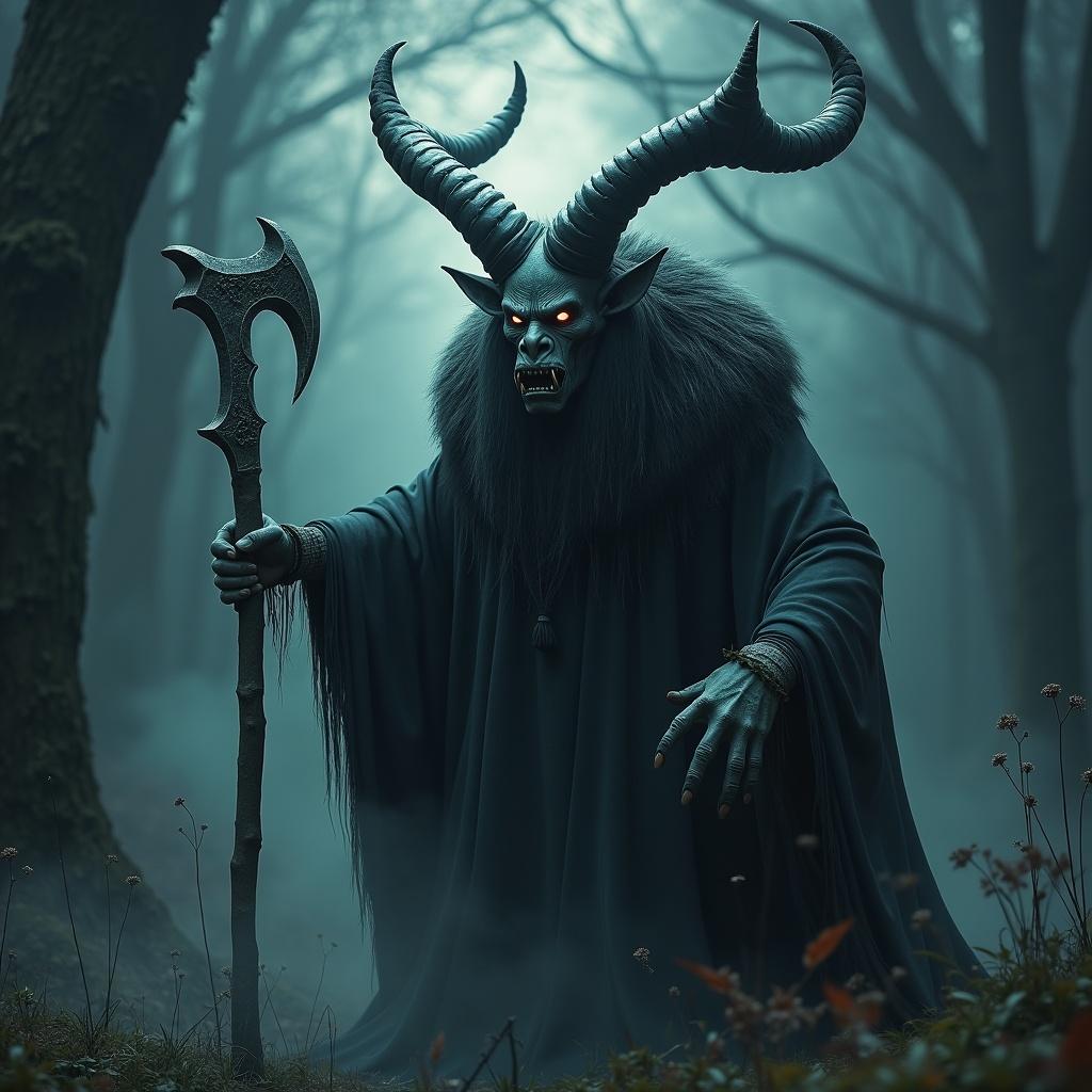 Krampus depicted as a ghostly figure in a dark foggy forest. Focus on the presence of antlers and a staff.