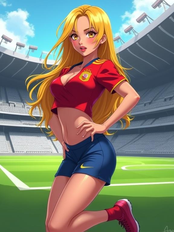 A digital anime illustration features a young female character with long yellow hair and golden eyes. She wears a cropped red Spanish national team jersey and blue shorts. She poses flirtatiously in a soccer stadium with grey seating and a green field. The lighting highlights her curves. The artwork showcases cel-shaded style.