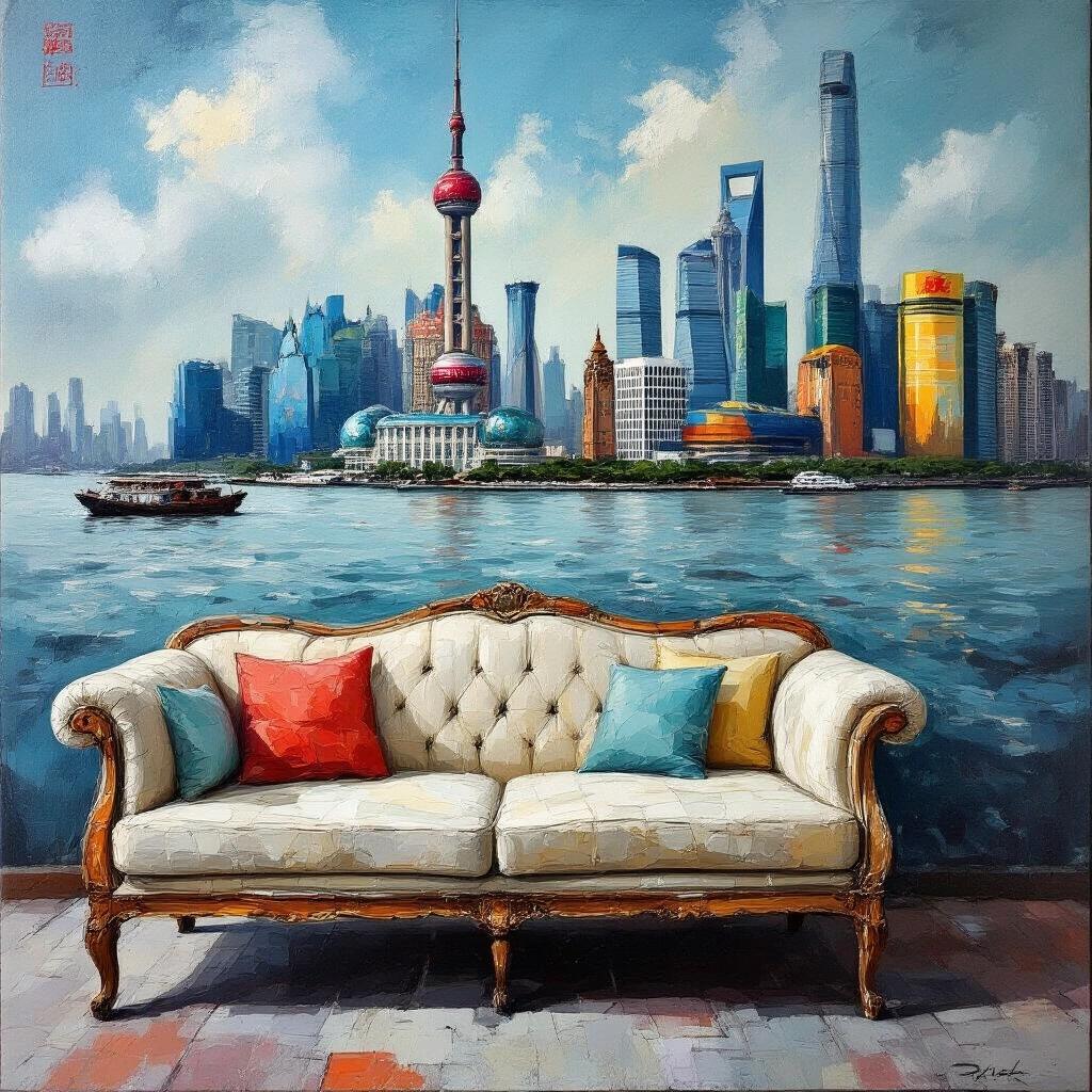 An oil painting depicting a modern view of Shanghai featuring a stylish couch in the foreground with the skyline in the background.