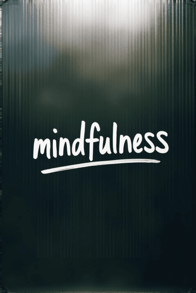 The word 'mindfulness' is prominently displayed against a blurred background of a tranquil dawn or dusk scene.