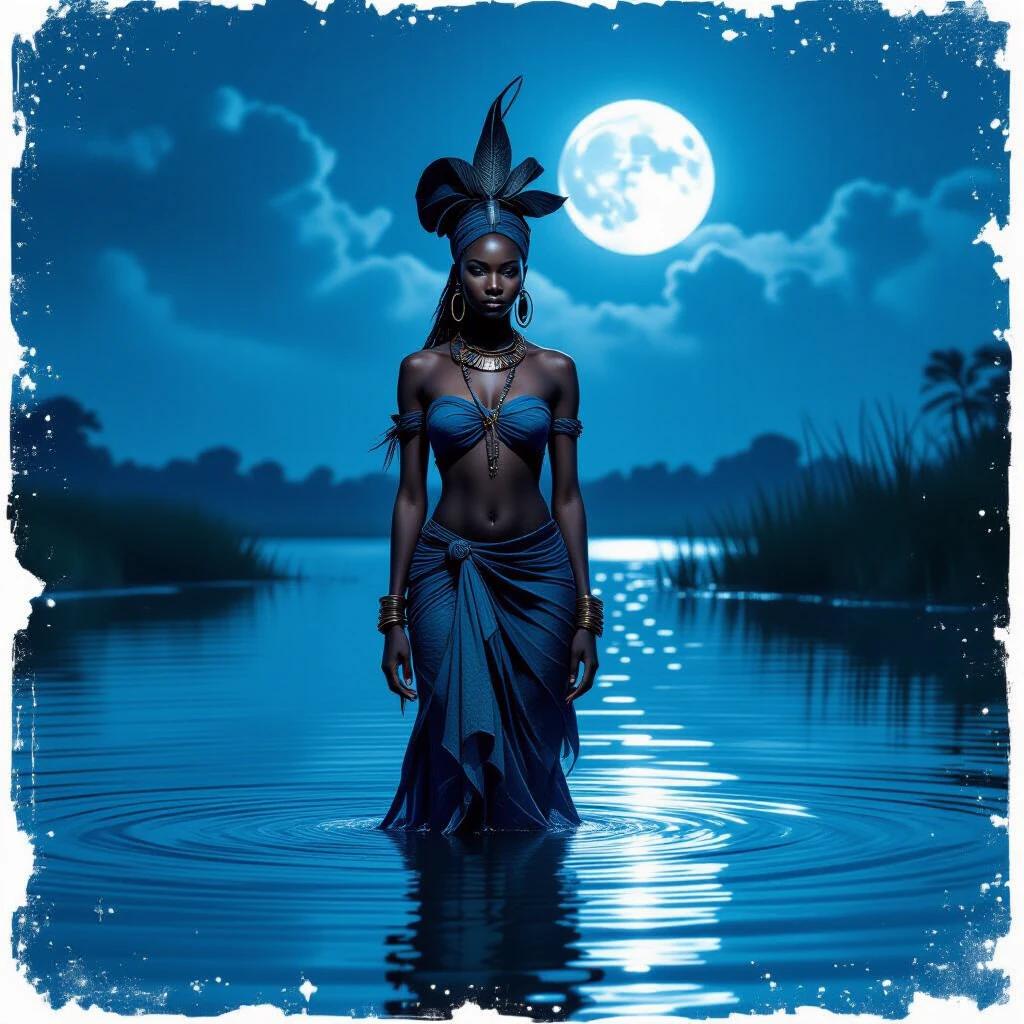 A West African water spirit stands in a moonlit lagoon. The scene is tranquil and enchanting. The atmosphere feels mystical.