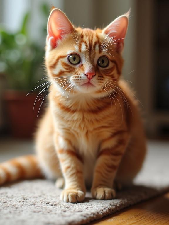 A curious orange tabby cat with bright eyes sitting on a carpet inside a cozy apartment. Sunlight bathes the room with a warm glow. Cat's thoughtful and mischievous expression hints at playful adventures. Surrounding greenery adds a touch of life to the space.