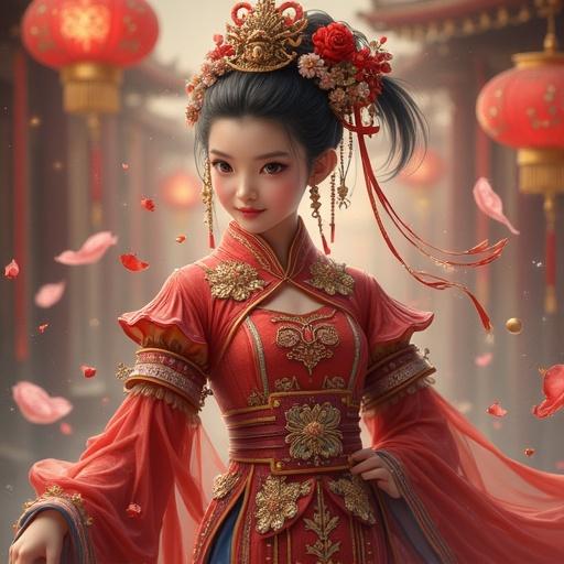 Photograph shows a young woman in a stunning traditional dress. She wears vivid red with ornate gold and floral designs. Background features decorative lanterns creating a festive atmosphere. The young woman's elegant attire embodies cultural aesthetics and modern artistic photography.