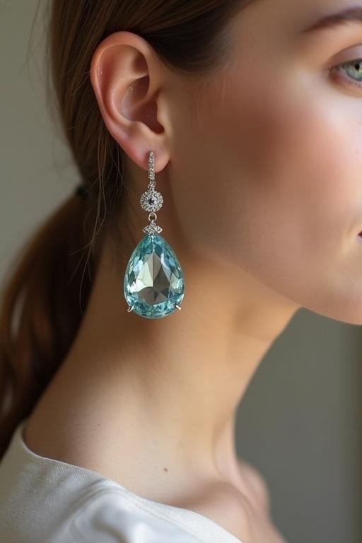 Aquamarine earrings in pear shape worn by a model. Close-up profile view of the model showing earring details. Soft natural light enhancing gemstone sparkle.