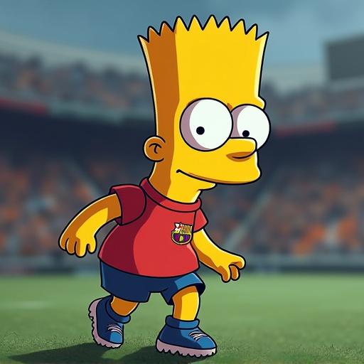 Create an image of Bart Simpson wearing a current Barcelona jersey while playing against Real Madrid.