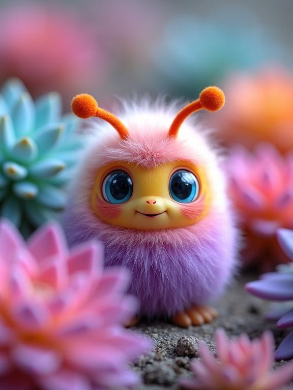 A cute, fluffy creature with a vibrant pink, purple, and yellow color scheme. It has bright blue eyes and orange antennae. Surrounded by pastel-colored succulent plants in pink, blue, and purple hues. Central figure has a round face with a smiling expression. Located in a whimsical garden environment.
