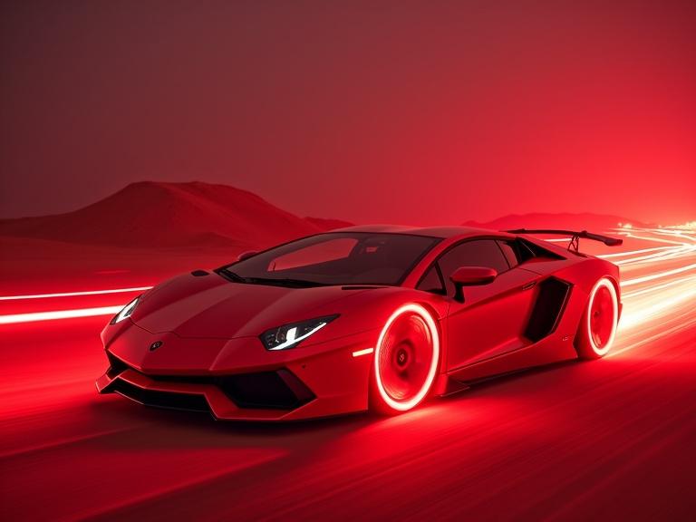 Futuristic Lamborghini in vivid red light in a desert. Car has laser light rims. Vehicle appears to move at high speed with long laser light trails behind. Image style blends cyberpunk and Tron themes.