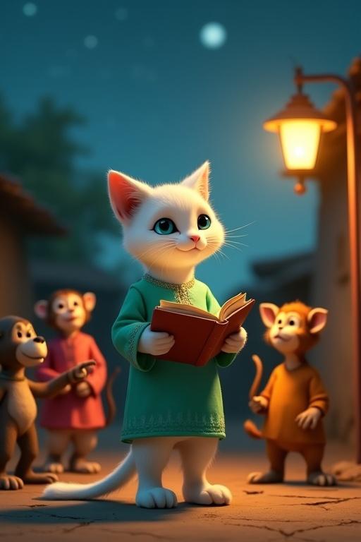 A poised white cat with blue eyes stands on two legs. She wears a green kurta and holds a book. Three animals around her laugh. The scene is set at twilight under a lamppost. The village street features mud houses and a starry sky in the background.