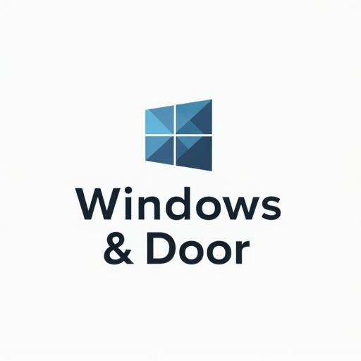Minimalistic professional logo designed for windows and doors. Logo features stylized window graphic above the text. Clean and modern aesthetic. Focus on blue and white colors. Suitable for branding.