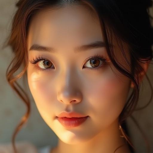 Captivating close-up of a beautiful young Chinese woman displaying ancient beauty standards. Headshot of a beautiful young woman. Emphasis on captivating eyes. Soft lighting creates a glow on skin. Focus on eyes with blurred surroundings. Warm tones capture beauty of ancient aesthetics. Details of eyelashes enhance allure.