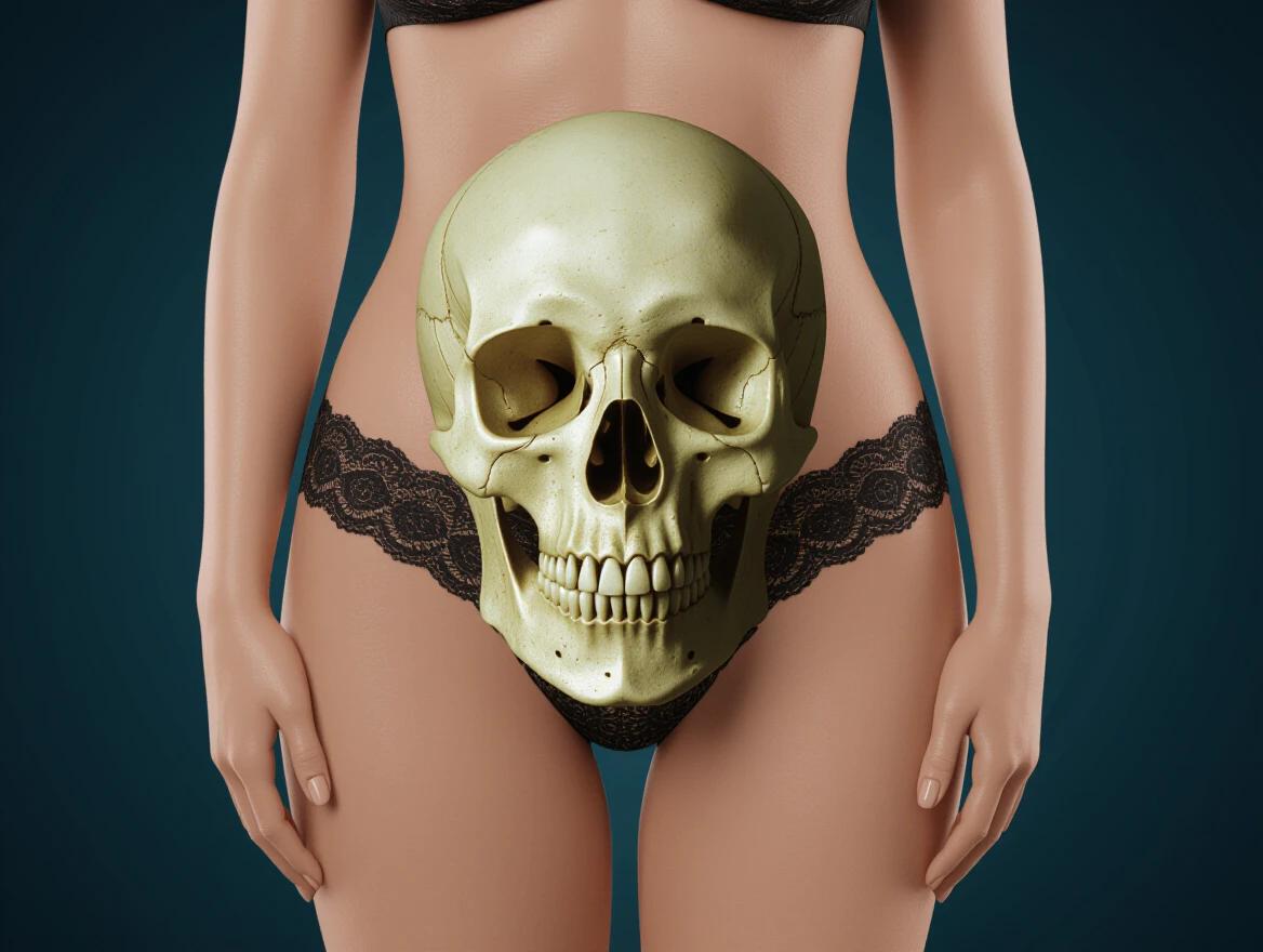 A human figure is shown with a pubic region shaped like a skull. The figure is wearing black lace underwear. The skin tone is realistic. The background is a deep blue color enhancing the contrast of the form. The focus is on the artistic representation of the human body and its unusual design.