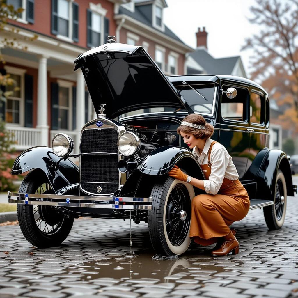 Woman repairs vintage Ford Model A under the car. Car is tilted on a jack with the hood open. Steam and oil are visible. The scene captures a 1920s atmosphere. Focus on the car, details of engine grease and chrome reflections are clear. Photorealistic style.
