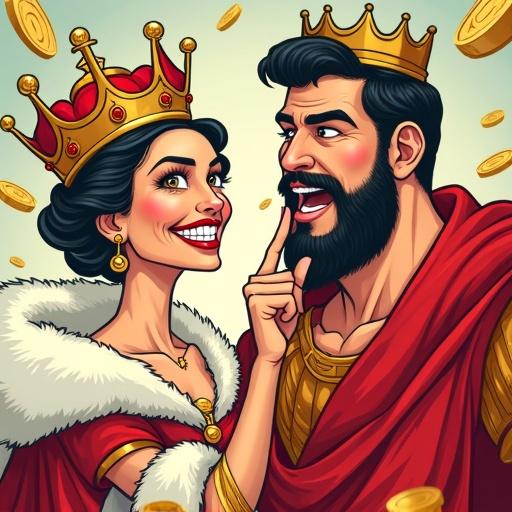 Cartoon illustration with exaggerated historical characters. A queen with a big grin wearing a red and gold crown and royal robe with fur. A Roman man in a red toga with a beard. He holds a finger to his lips. Background features golden coins and crowns. Tone is satirical with bright flat colors.