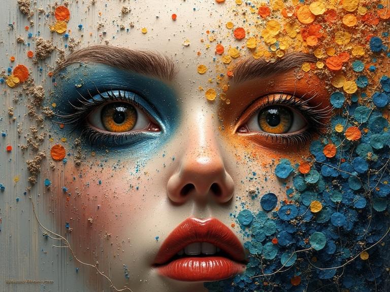 A 3D multi-layered artwork featuring a textured face with vibrant colors. Elements include newspaper, jute fibers, wood, sand, and confetti. A mixed media collage with various structures and scratches. It has layers that add depth and surface feel, creating a magical and evocative composition.