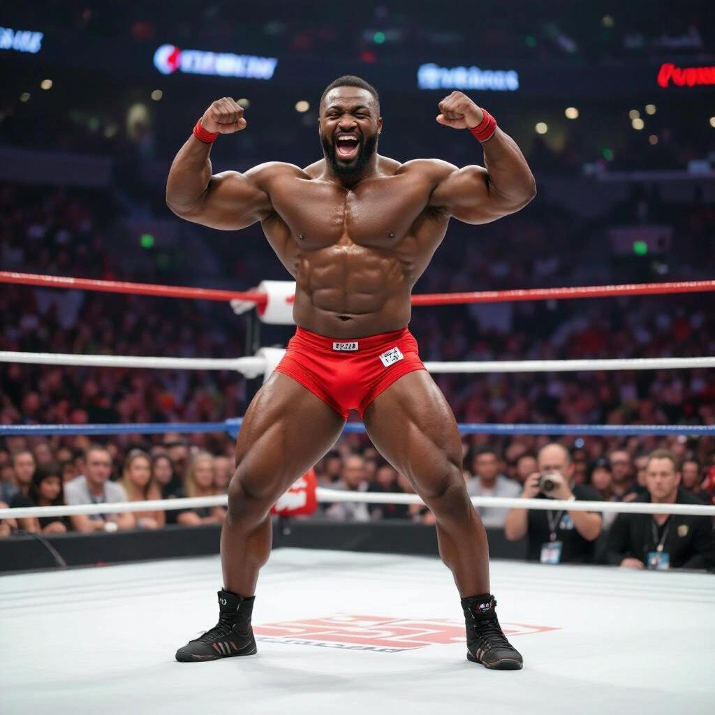 A powerlifter in tight red briefs flexes muscles in a wrestling ring. The scene shows an enthusiastic atmosphere with cheering audience.