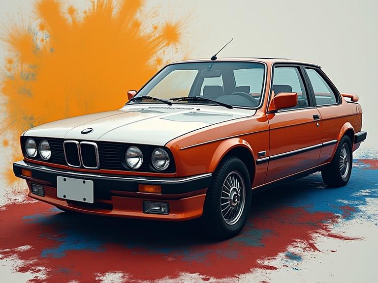 Classic BMW car with vibrant orange and white paint job on a colorful background. The car is well-maintained showing no significant damage. The setting is artistic yet simple to highlight the vehicle.