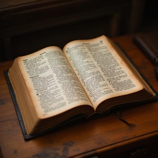 Open Holy Bible lying on a wooden table. The pages are visible with detailed print. The book has a leather cover and aged, yellowed pages.