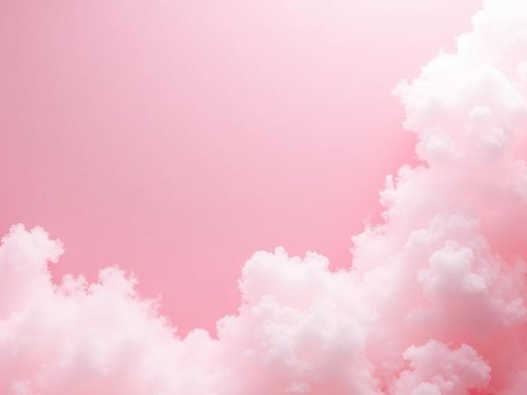 Surrealistic background features fluffy white clouds along the edges set against a soft pink backdrop. The image conveys a dreamy and calming atmosphere.