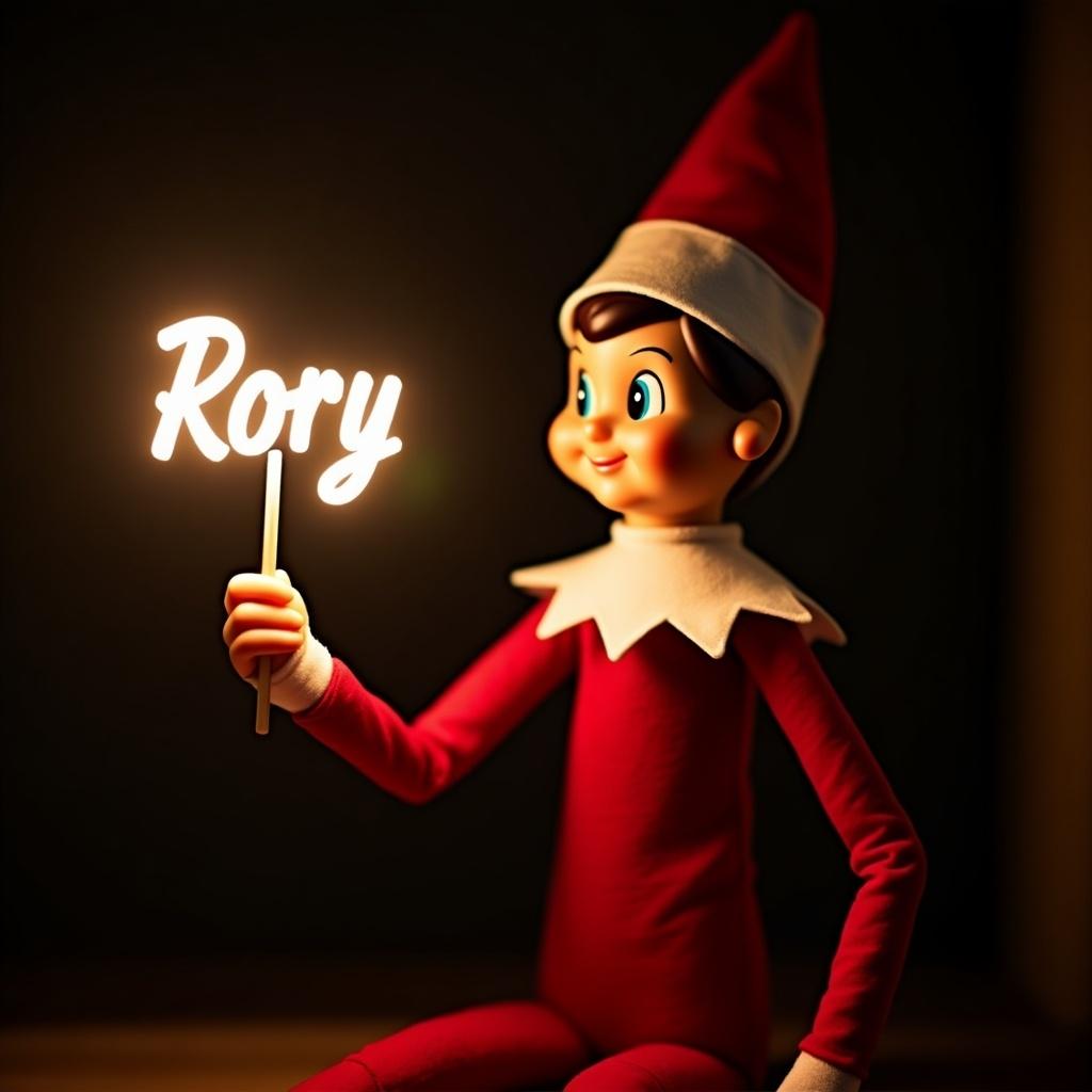 This image features an elf on the shelf character, dressed in traditional red and white attire. The elf is holding a glow stick that forms the name 'Rory' in bright, soft light. The background is dark, which enhances the glowing effect of the text. It creates a warm, festive atmosphere, embodying the joy of the holiday season. The scene evokes feelings of magic and cheer associated with Christmas celebrations.