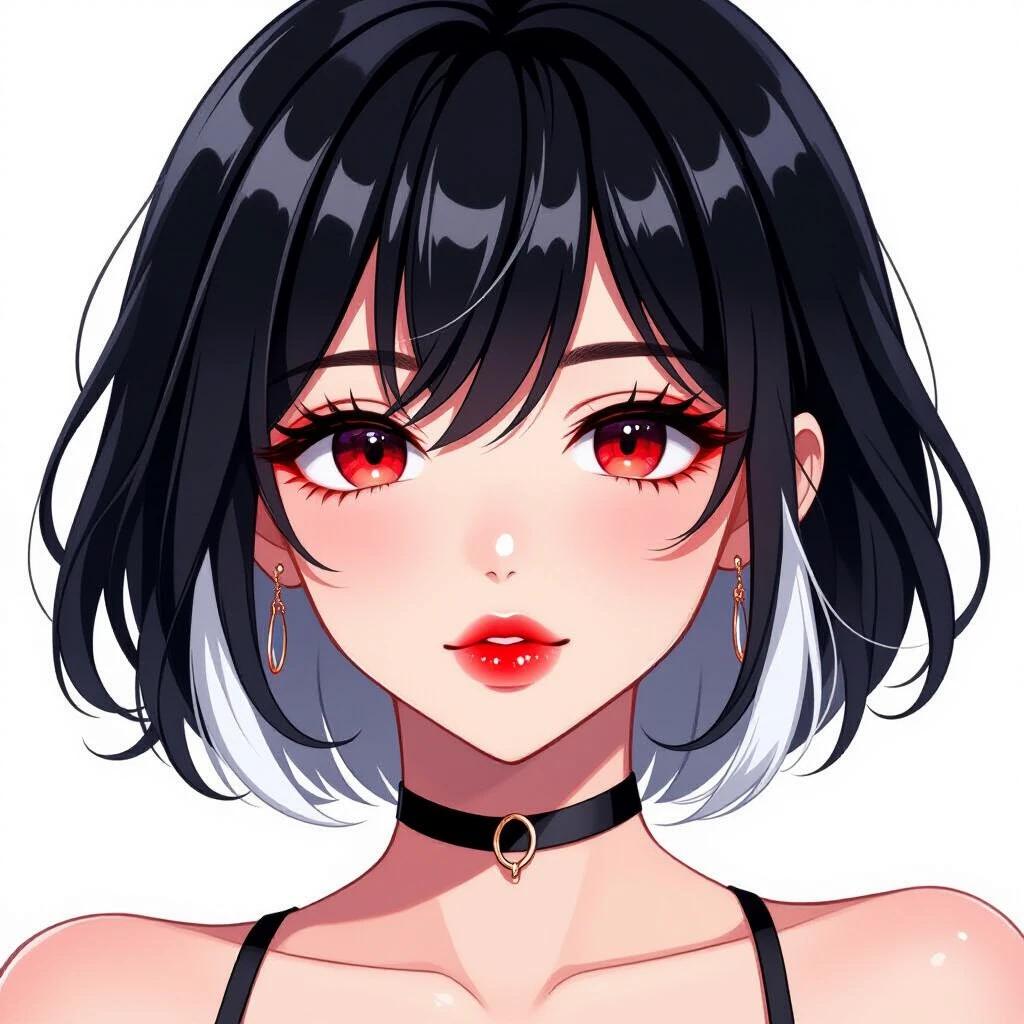 Anime girl with red eyes and lip gloss. Seductive smile. Black short hair with white highlights at the bottom. Two strands on sides. Bags under the eyes.
