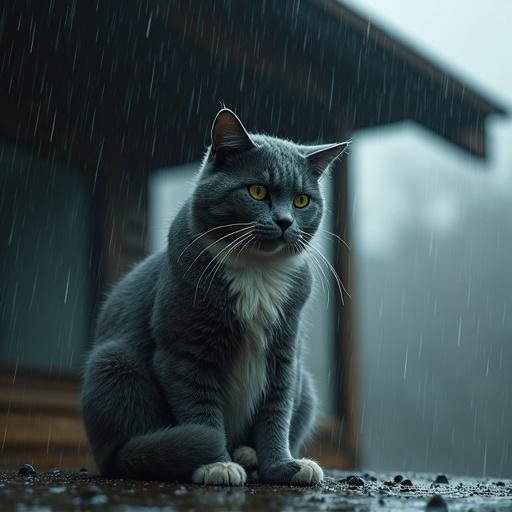 Photorealistic image of a gray Maine Coon cat with white paws and chest. Cat sitting under a house roof in the rain. Large with sad expressive eyes in green or amber. Paws tucked in, tail wrapped around body. Fur slightly ruffled. Rain falling heavily, droplets drip from roof forming puddles. Background blurred by rain. Cool diffused lighting. Gray sky casts muted tone. Melancholic and lonely mood. Cat looks pensive waiting for someone. High detail with visible fur strands and wet surfaces glistening.