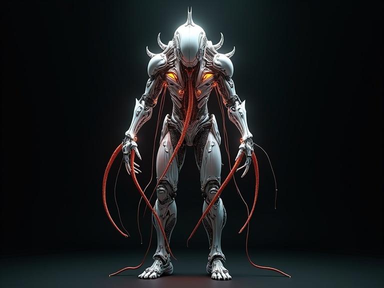 Detailed and intricate futuristic creature inside mechanical exo suit. Tentacles and LEDs present. Dark background with high detail textures.