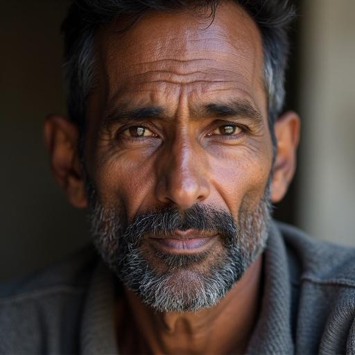Close-up portrait of a man with a well-groomed beard. Man located in Delhi, India. Evokes strength and wisdom.