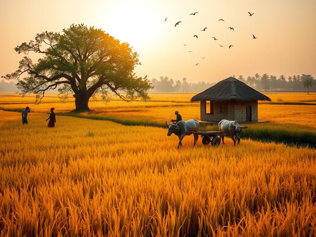 A beautiful pastoral scene captures a golden-yellow rice field under the warm glow of a setting sun. Two figures can be seen working the field, while a pair of oxen pull a cart near a small thatched-roof hut. The majestic silhouette of a lone tree stands prominently, surrounded by a flock of birds flying across the serene sky. The scene evokes a sense of peace, depicting the harmonious coexistence of nature and human labor.