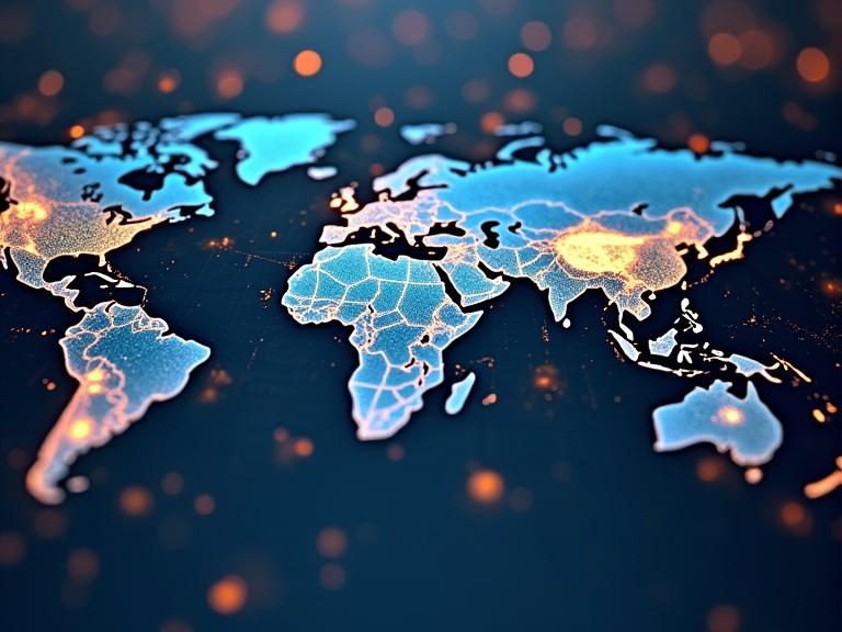 Stylized world map with illuminated blue and orange lines. It represents data visualization in a digital format.