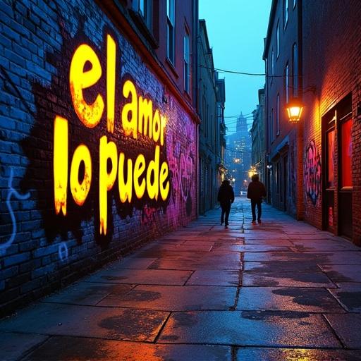 Hyperrealistic product background photography. Vibrant urban alleyway scene at twilight. Graffiti art on brick walls. Subtle streetlamp reflections. Prominent graffiti text 'el amor todo lo puede'. Thick borders and shadows. Large negative space for product placement. Dynamic lighting with neon accents. Dominant color palette of greys, blues, purples, and oranges. Wide shot, low angle view. Ultra detailed with cinematic quality.
