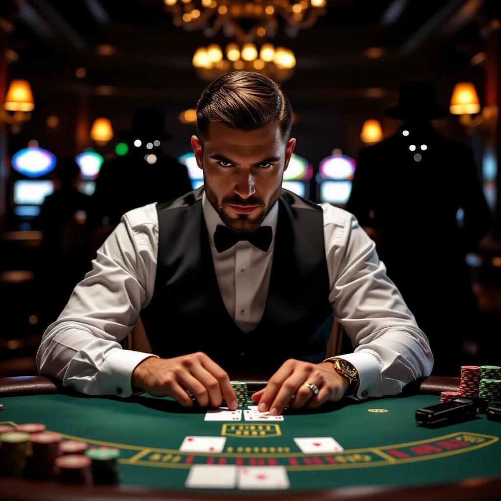 Card dealer operates a rigged game in a luxurious VIP lounge. The dealer has stacks of chips and a focused demeanor. Suspicious figures lurk in the shadows, observing intently. Hidden weapons are nearby, indicating tension. Realistic depiction of gambling atmosphere.