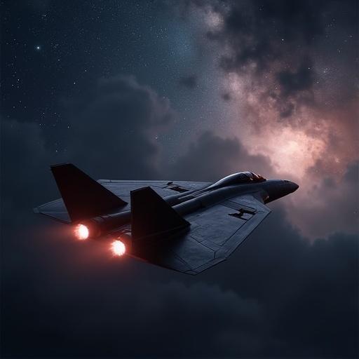 High-resolution image of an F-14 fighter jet flying through a dark sky, surrounded by clouds and starry background. The scene evokes space themes and features a surreal ambiance.