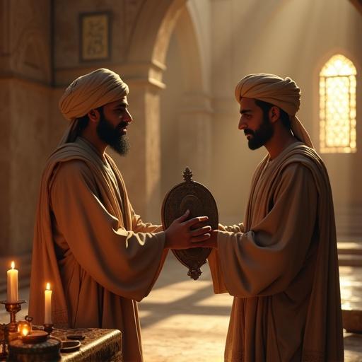 3D cinematic render in ancient Islamic setting. Hazrat Ali in traditional robes gives shield to a Jewish man who accepted Islam. Their expressions show kindness and gratitude. Beautifully lit Islamic courtroom with golden sunlight. Arabic calligraphy on stone walls. Candles on a table adding warmth.