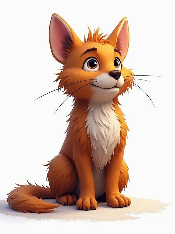 Illustration of a cute, animated fox character sitting and looking up with a friendly expression on a white background.