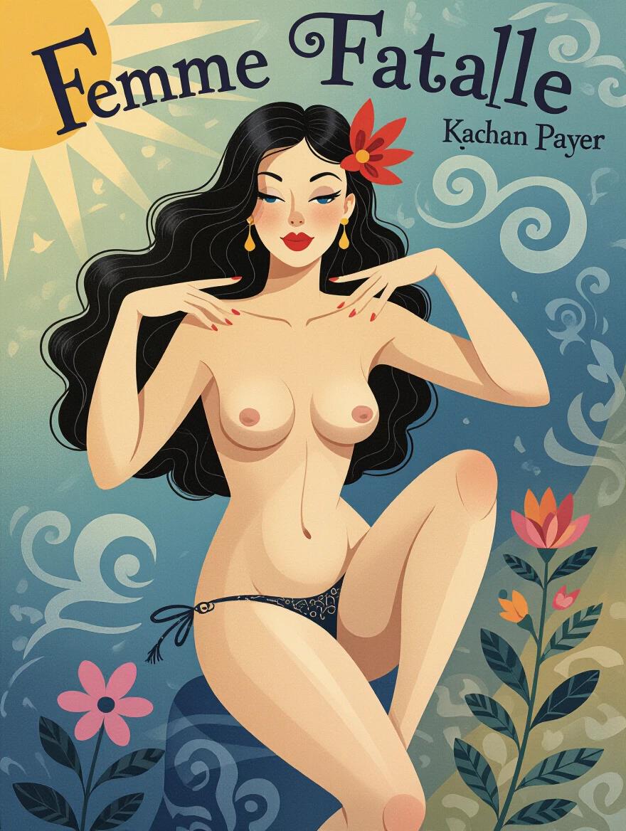 Whimsical female character depicted in vibrant colors. Dynamic pose showcasing femininity. Floral motifs and bright background. Echoes of art nouveau style.