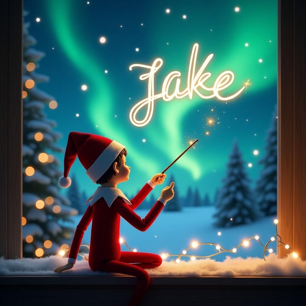 Elf sitting by window facing outside. Elf is using a wand to write name in sky. Background has northern lights and festive trees. Magical Christmas theme.