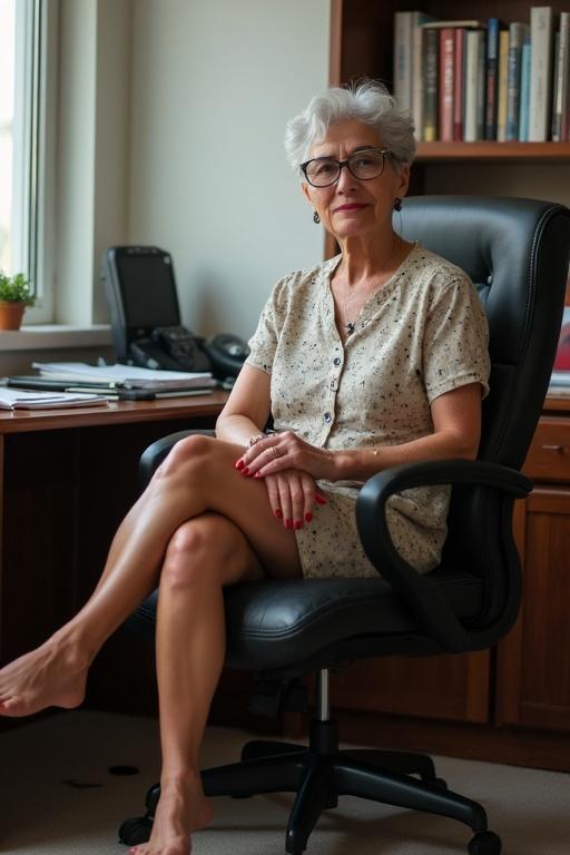Older woman seated in office chair with legs crossed. Classic office setup with desk and natural lighting. Woman has red nail polish on bare feet.