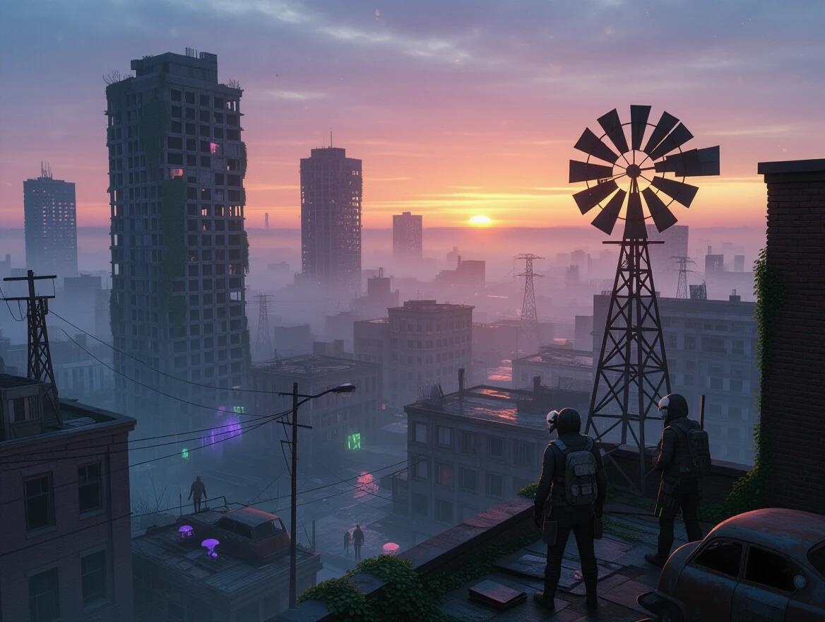 Sprawling city seen from a rooftop during dawn. Nature overtakes the landscape. Skyscrapers covered in moss rise from fog. Glowing fungi illuminate dark alleyways. Group of survivors builds a wind turbine from metal scrap. Vines envelop broken vehicles. Warm orange and soft purple sky signals hope. Dust particles visible in the air. Wide cinematic angle captures scale and mood.