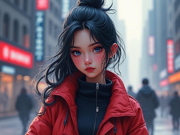 Speed painting of a beautiful girl in a cyberpunk city. The girl is wearing a red jacket and has long black hair. The background shows a bustling cityscape with neon lights. The painting has a watercolor and brushstroke effect. It captures a cinematic lighting style. Extremely detailed and high quality.