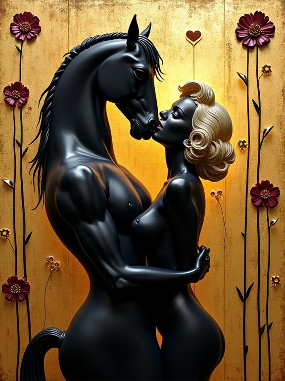 A 3D artwork depicting a horse and a figure in an emotional embrace. The figure is styled in a glamorous manner resembling a classic icon. The artwork features intricate details and a whimsical touch, with a rich color palette.