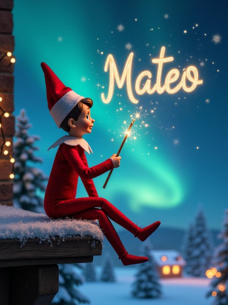 Elf on the shelf sits on a ledge facing the sky. Using a magic wand to write 'Mateo' in the air. Magical northern lights fill the background. Little houses are decorated for Christmas. Snow covers the ground.