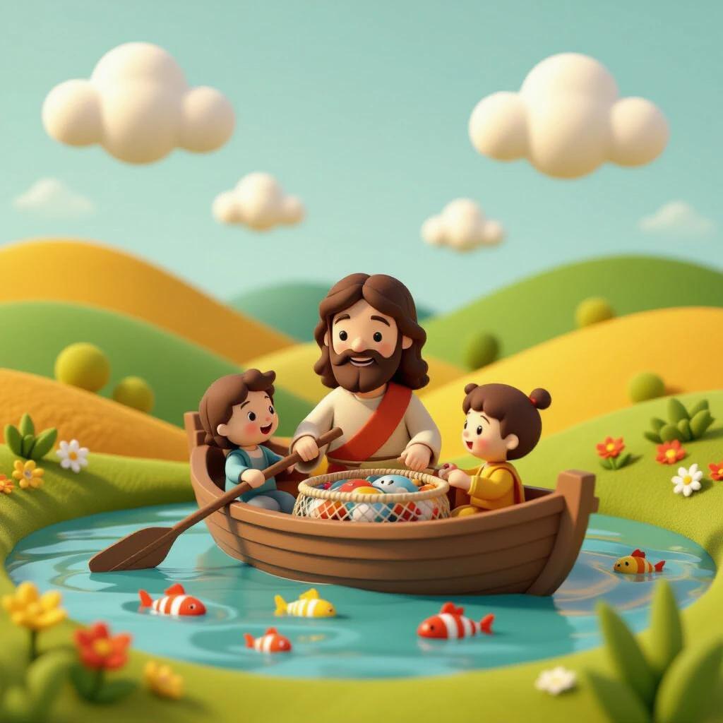 3D render shows Jesus in a small boat with children. The scene captures a net full of fish. Colorful rolling hills in green and gold. Fluffy clouds against a blue sky. Bright sun shining joyfully. Figures appear handcrafted and simplified to evoke warmth.